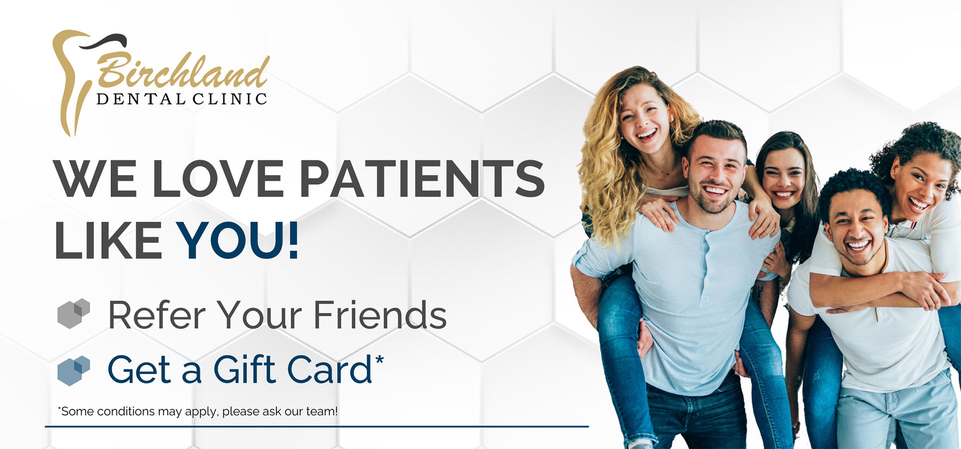 Sandstone Dental - Website Refer-A-Friend Page - Verison 1 Dental clinic referral promotion with smiling friends group